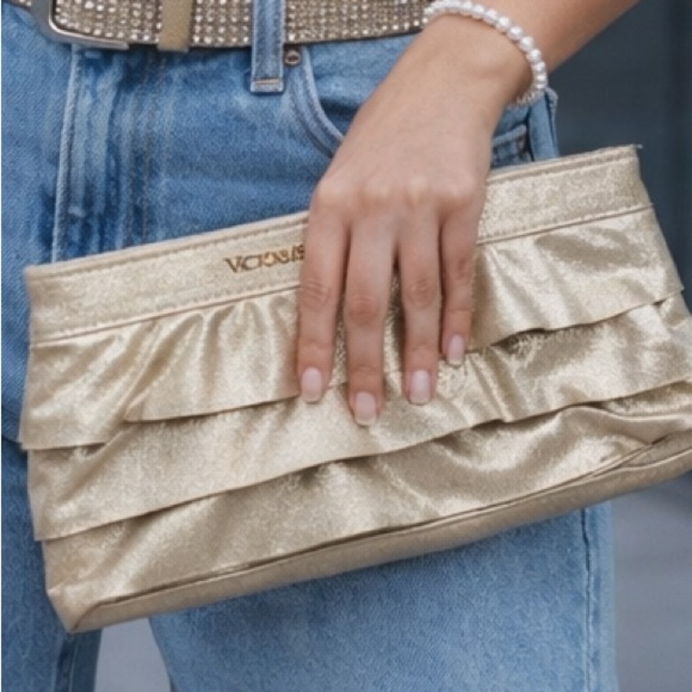 Victoria’s Secret Gold Metallic Ruffle Clutch Y2K Party Evening Bag Small Purse